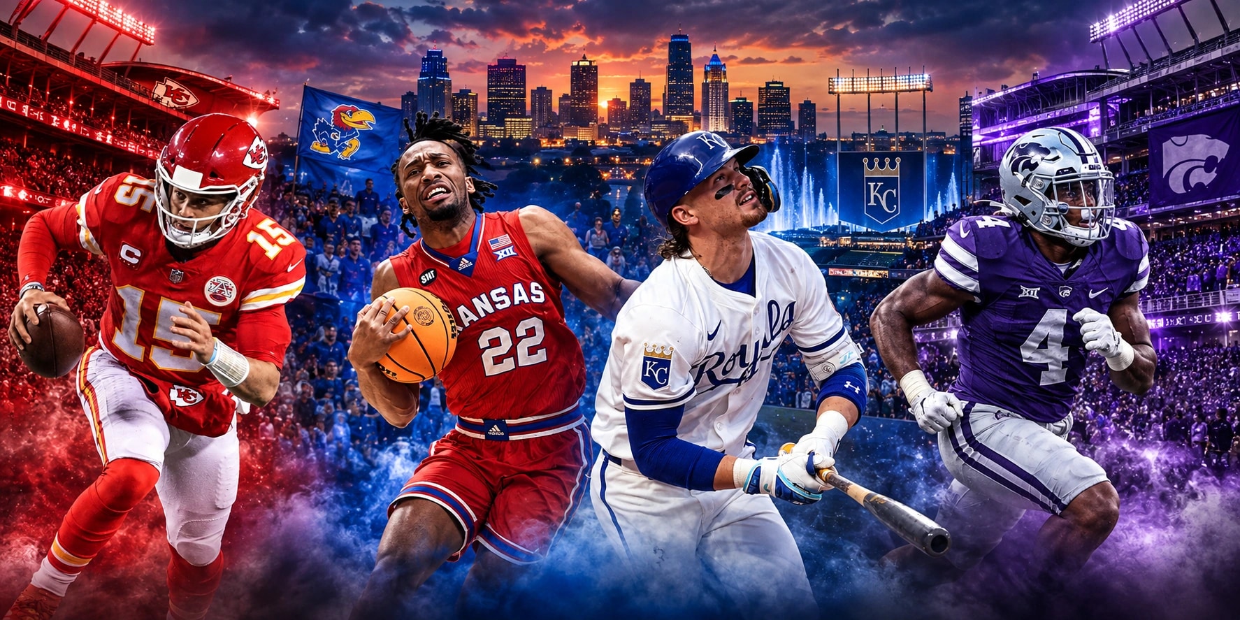 Chiefs, Jayhawks, Royals, and K-State players over the Kansas City skyline